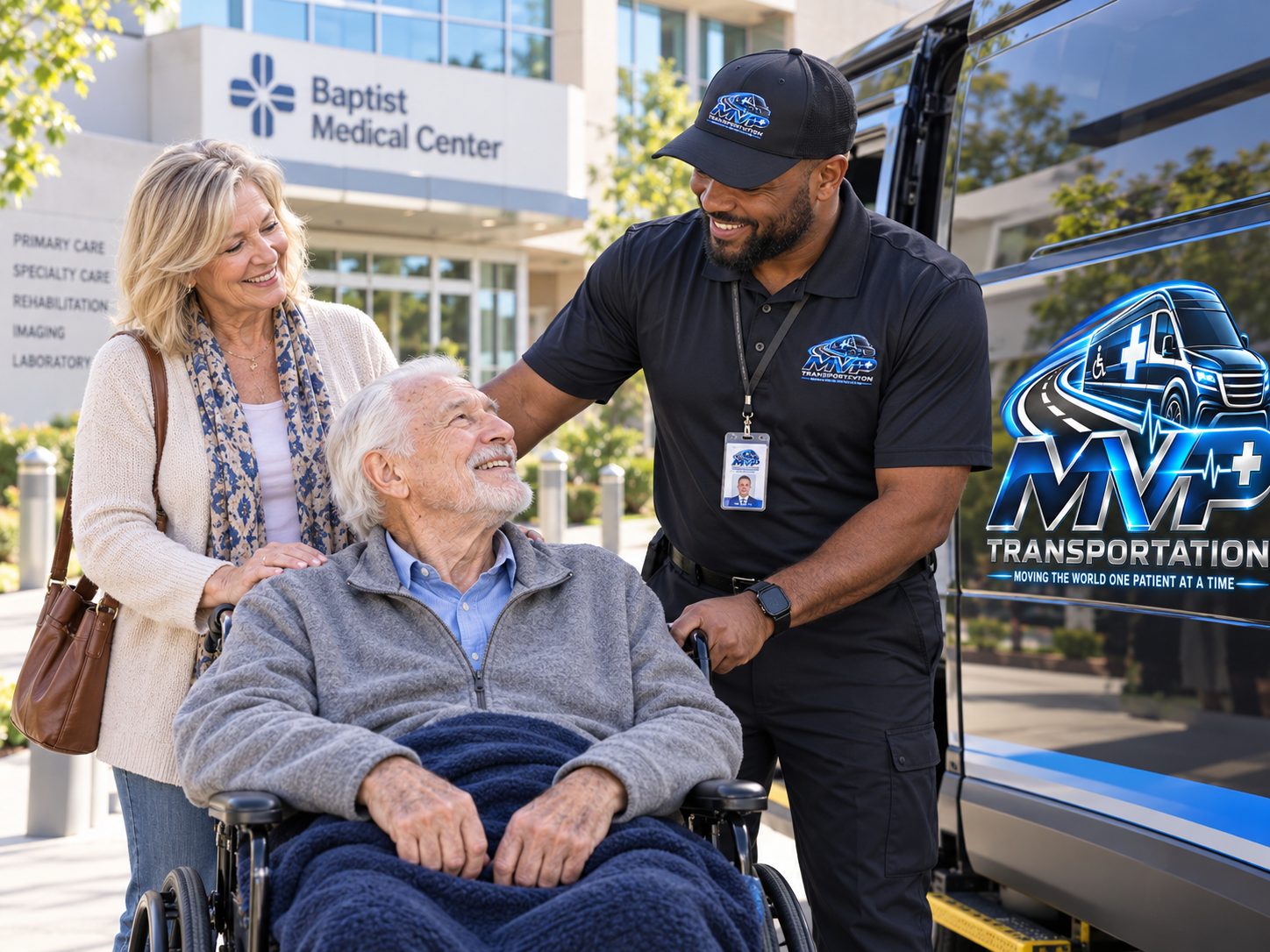 MVP Transportation assisting a patient at a medical center