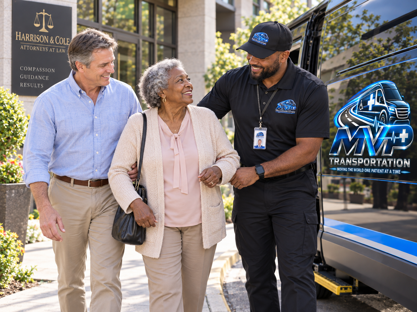 MVP Transportation assisting a rider at a professional office